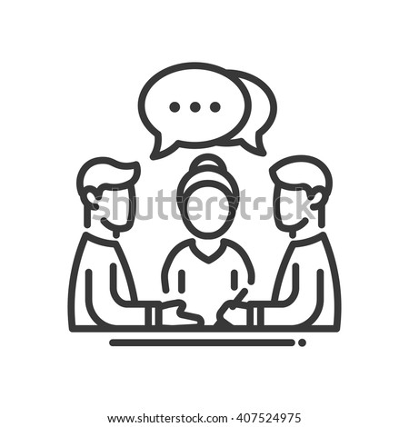 Business meeting single isolated modern vector line design icon. Group of people with a speech bubble with dots sign