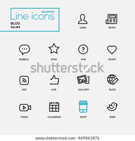 Single Line Blog, Social Network Pictograms Set. User, news, bubble, star, faq, heart rss like gallery video calendar shop bird