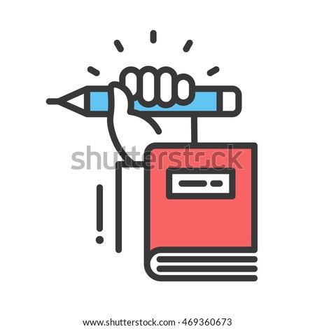 School and education vector flat design single isolated icon, pictogram. Book with hand holding a pencil