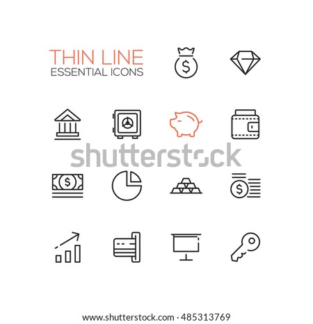 Business, finance symbols - set of modern vector thin line design icons and pictograms. Money bag, diamond, bank, vault, piggy bank, wallet, dollar bill, pie chart, credit card, presentation, key