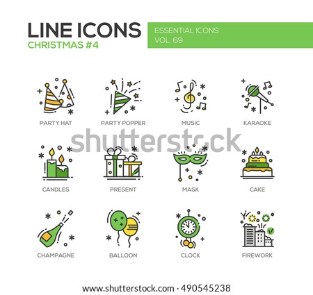 Christmas and New Year - set of modern vector line design icons and pictograms. Party hat, party popper, music, karaoke, candles, present, mask, cake, champagne, balloon, clock firework