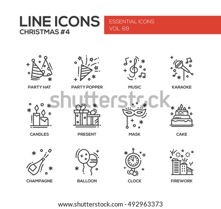 Christmas and New Year - set of modern vector line design icons and pictograms. Party hat, party popper, music, karaoke, candles, present, mask, cake, champagne, balloon, clock firework