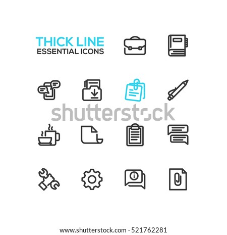 Business, Office - modern vector plain simple thick line design icons and pictograms set. Briefcase, notebook, message, folder, memo, pen, coffee, clipboard, document, speech bubble, info, attachment