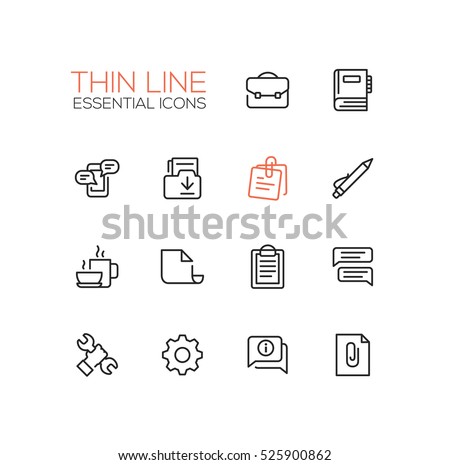 Business, Office - modern vector thin line design icons set. Briefcase, notebook, message, folder, memo, coffee, clipboard, document speech bubble work tool cog information attachment
