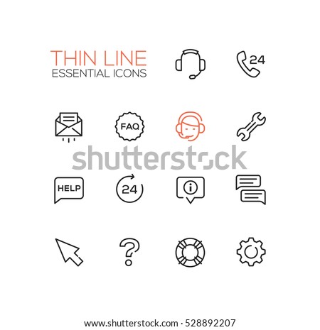 Help Center - modern vector simple thin line design icons set. Headset, phone, twenty four-seven, mail, faq, support, wrench, information, chat, pointer arrow, question mark, lifebuoy cog
