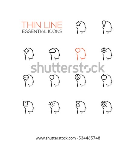 Thoughts Signs in Heads - modern vector simple thin line design icons and pictograms set. Head with star, bulb, cloud, heart, cog, speech bubble, shield, dollar, apple, book, sun, hourglass target