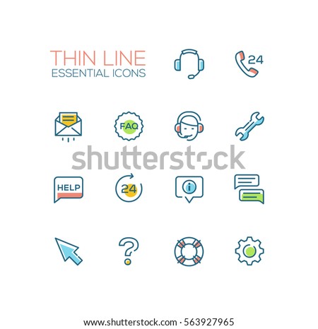 Help Center - modern vector simple thin line design icons and pictograms set with accent color. Headset, phone, twenty four-seven, mail, faq, support, wrench, info. Material design concept symbols