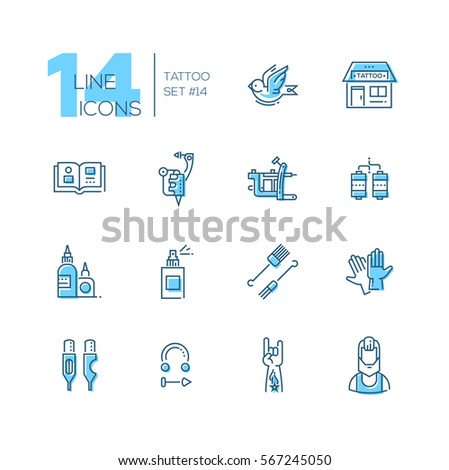 Tattoo Studio - modern vector line design icons set with accent color. Bird, storefront, sample book, tattoo machine, coils, ink, spray, needles, piercing, hand artist. Material design concept symbols
