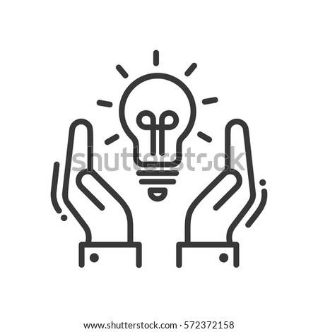 New Idea or Concept - vector modern line design illustrative icon. Two hands manifesting a light bulb as symbol of finding a new option or solution.