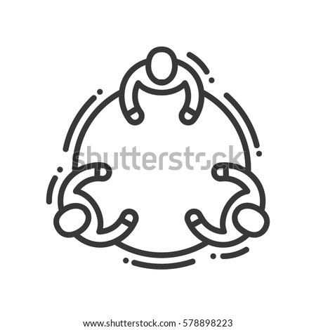 Communication - vector modern line design illustrative icon. Three people interacting, sharing ideas sitting at the round table.