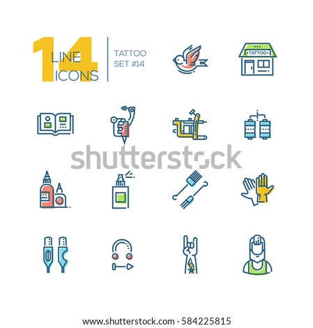 Tattoo Studio - modern vector line design icons set with accent color. Bird, storefront, sample book, tattoo machine, coils, ink, spray, needles, gloves, cartridges, piercing, hand, artist