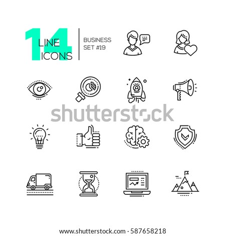 Business - vector modern single line icons set. Man, woman, eye, magnifying glass, hourglass, laptop, brain, ok symbol, mountain, speaker, spaceship.