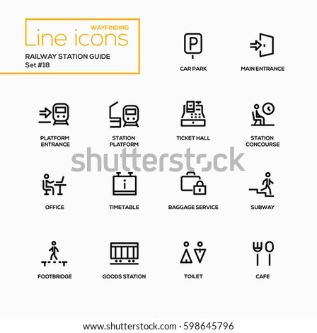 Railway Station Guide - modern vector line icons set.