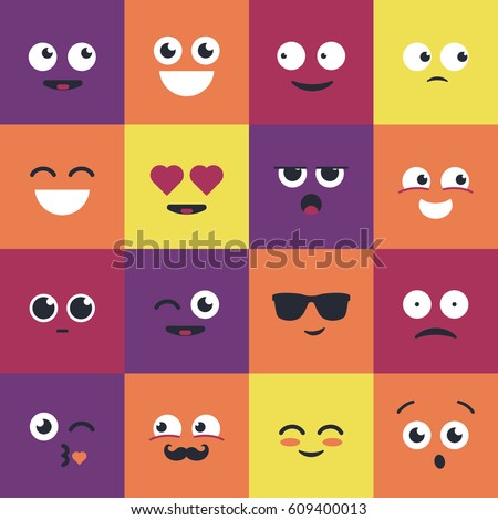 Smiley - modern vector set of emoji illustrations. Emoticons depicting curiosity, happiness, laughter, smile, attraction, love, giggle, coolness, kiss, surprise, blinking, boredom