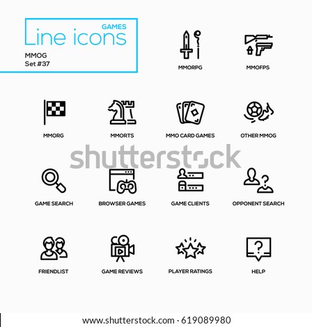 MMOG - modern vector single line icons set. Massively multiplayer online game, fps, rpg, rts, card, search, browser, client, opponent, friendlist, review, rating