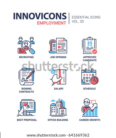 Employment - modern color vector single line icons set. Recruiting, job opening, approved candidate, signing contract, salary, schedule, best proposal, office building, career growth, credit, card