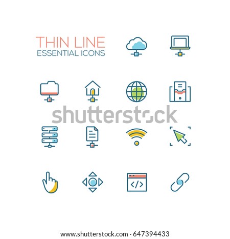 Network Data - modern vector single thin line icons set. Network, cloud, laptop, folder, house, globe, computer, drive, file, wifi, cursor, hand, arrow, window, joint