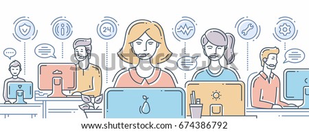 Call center - vector modern line design composition illustration with support team and its workplace. Header, banner for your website. Male, female office workers at the computers.