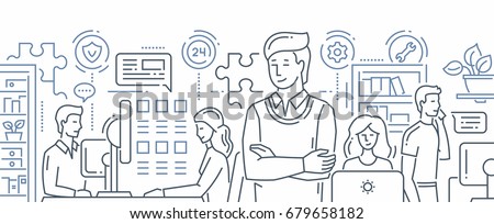 Our Team - Illustration of vector modern line flat design composition. Males and females at their work places. Office life, customer technical support service