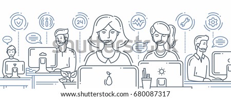 Call center - vector modern line design composition illustration with support team and its workplace. Header, banner for your website. Male, female office workers at the computers.