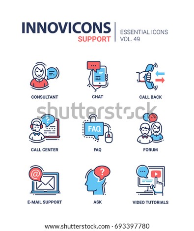 Technical Support - modern essential vector line design icons set. Consultant, chat, mobile device, hand, mouse, faq, phone, call center, forum, email, letter, laptop, head, question, video tutorial