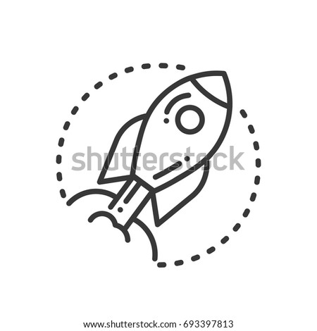 Project Execution - modern vector single line design icon. A black and white image depicting development process, a rocket flying to space. Metaphor of fast movement for presentation, promotion.