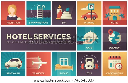 Hotel services - set of flat design infographics elements. Reception, swimming pool, parking, spa, cafe, location, rent a car, transfer, rooms, gym, vacation time