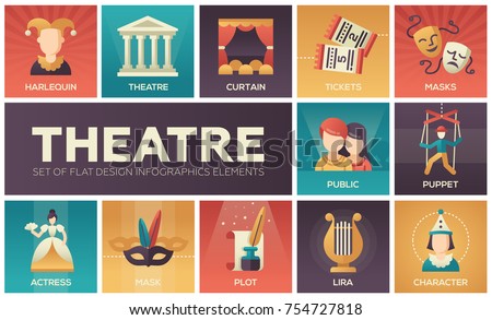 Theatre - set of flat design infographics elements. Colorful collection of square icons. Cultural concept. Harlequin, curtain, tickets, masks, public, puppet, actress, plot, lira, character