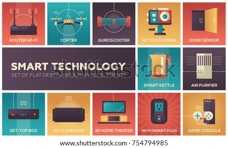 Smart technology - set of flat design infographics elements. Router wi-fi, copter, guroscooter, action camera, door sensor, kettle, air purifier, set-top box, speaker, 3d home theatre, game console