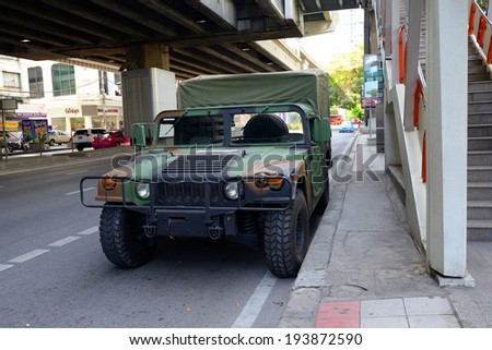 Military jeeps  in Bangkok city, Thailand. At the time of martial law.  May 20 2014