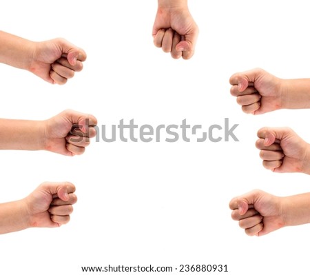 many Hand of a caucasian male to hold hammer, bunch of flowers or other tool, isolated on white