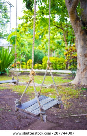 An old wood swing hanged on a tree in the park.
