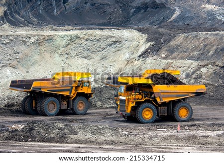 LAMPANG, THAILAND - JUNE 26: coal-preparation plant. Big yellow mining truck at work site coal transportation, June, 26, 2014 in Lampang, Thailand