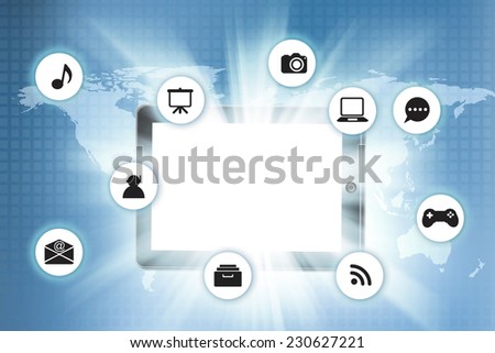 Tablet pc with icon on technology background