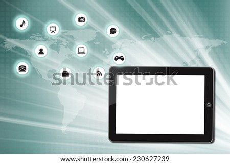 White Tablet pc with icon on technology background