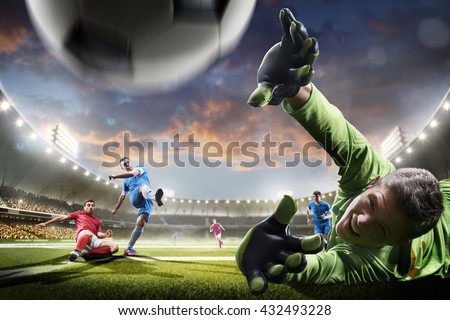 Similar – Image, Stock Photo Soccer player shooting goal, shadowy at night on illuminated sports field through fence