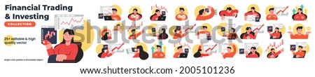 Financial trading and investing vector character set bundle. Collection of a man and woman trading on the stock exchange. Vector set illustration bundle collection