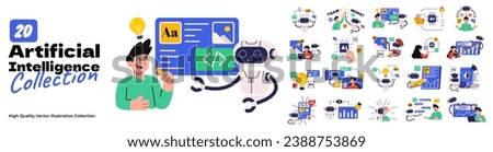 Artificial intelligence vector illustration set bundle. AI technology help people in communication, data analyst, medical analyst, finance, education, business and art