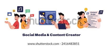 Illustration of a man and women content creator making a good content, analyze content, research trending content, writing script, collaborating, and earning money from social media