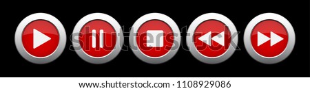 red metallic music control buttons set - five icons in front of a black background
