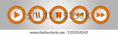 orange, white round music control buttons set - five icons with shadows in front of a silver background