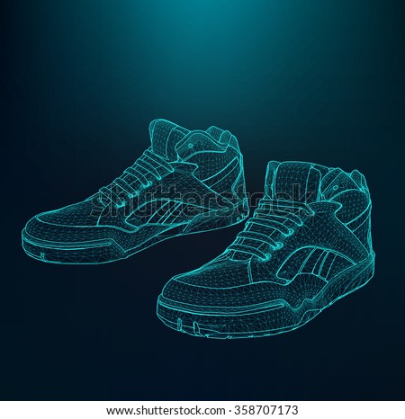 Vector illustration eps 10 of Sport shoes for running. Scope of lines and dots. Molecular lattice. The structural grid of polygons