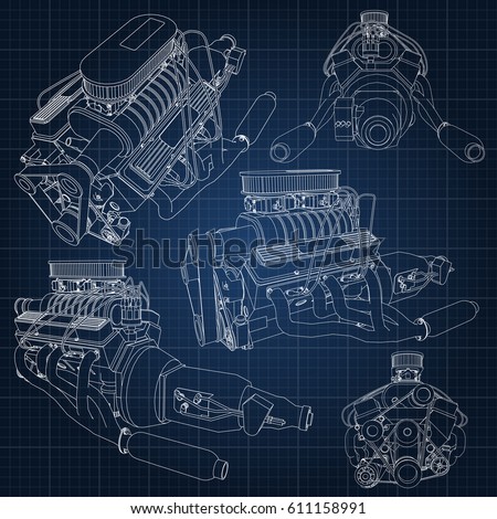 A set of several types of powerful car engine. The engine is drawn with white lines on a dark blue sheet in a cage.