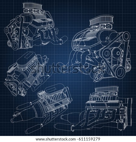 A set of several types of powerful car engine. The engine is drawn with white lines on a dark blue sheet in a cage.