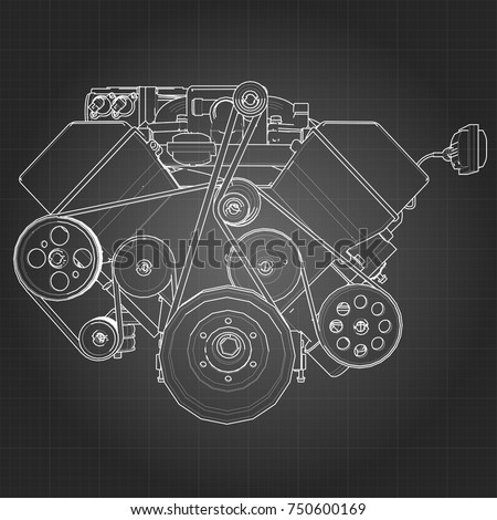 Powerful V8 car engine. The engine is drawn with white lines on a black sheet in a cage.