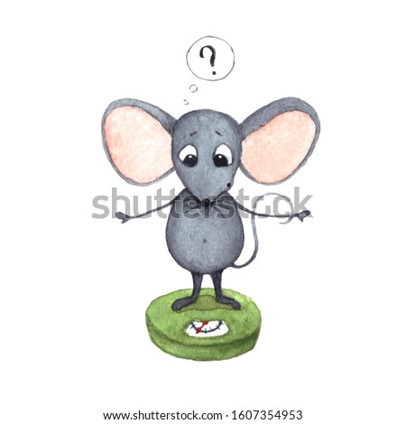 Watercolor illustration of a cute grey mouse standing on green scales and thinking