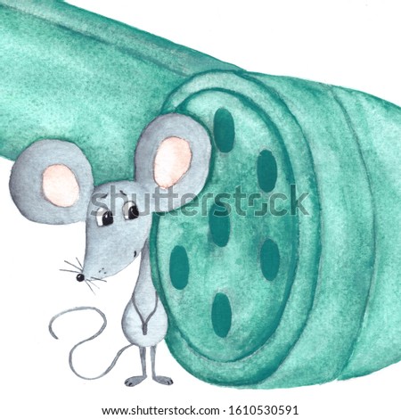 Cute small grey mouse listening attentively at a green old-fashioned telephone handset. A small funny rat with big ears. Watercolor painting. Hand drawn illustration