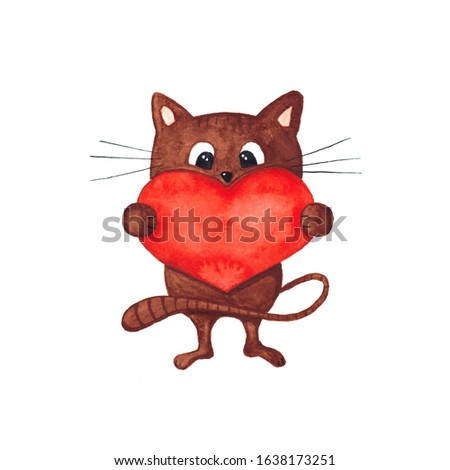 Cute brown cat holding a big red heart. Valentine's day. Watercolor painting. Hand drawn illustration.