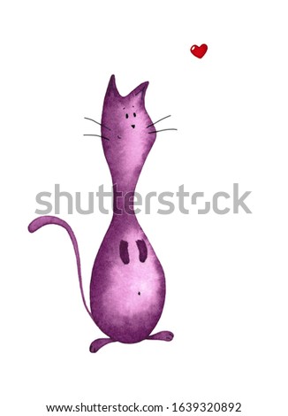 Cute skittle-shaped pink cat. Funny kitten with a round belly and long tail in love. Watercolor painting. Hand drawn illustration