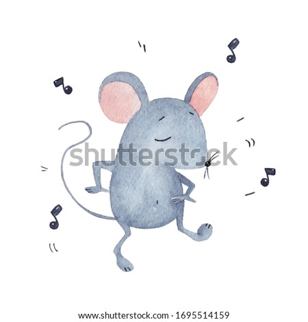 Cute grey fat mouse. Funny dancing rat. Watercolor illustration. Hand drawn painting